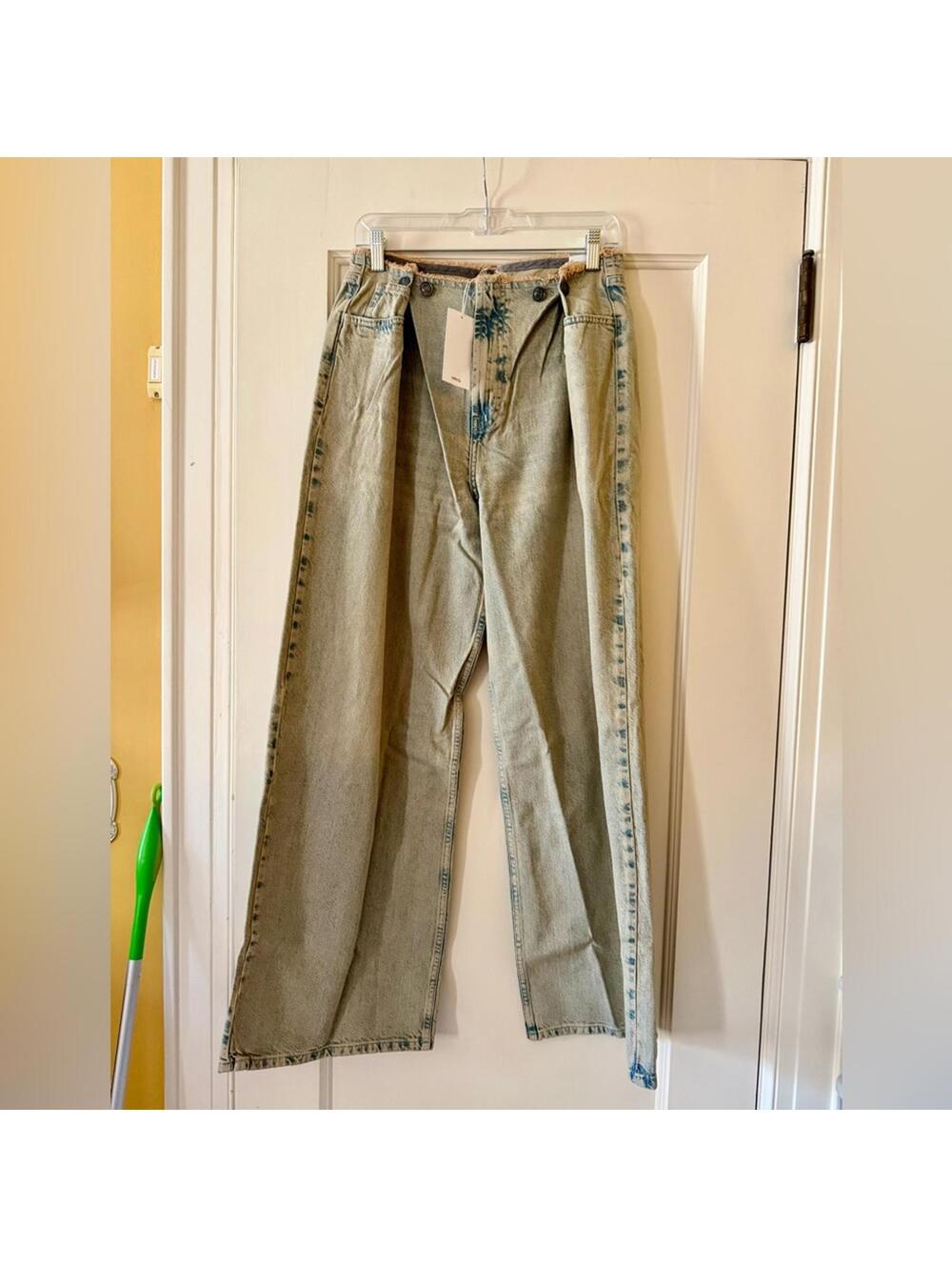 Mango baggy wide flare jeans w adjustable waist in dirty light blue wash S NWT
